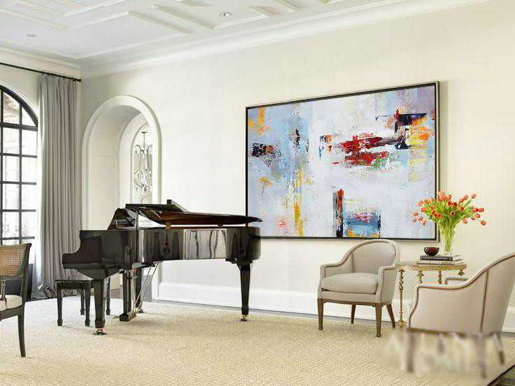 Original Extra Large Wall Art,Horizontal Palette Knife Contemporary Art Panoramic Canvas Painting,Bedroom Wall Decor,Grey,White,Red,Yellow.etc